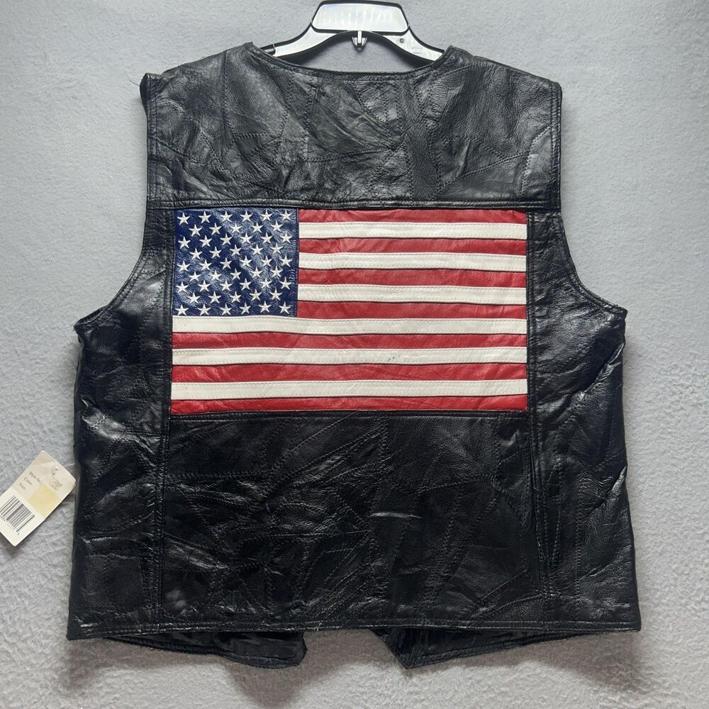 Vintage Leather Vest Mens 2XL Black Biker American‎ Flag Patriot Lined XXL Boxy